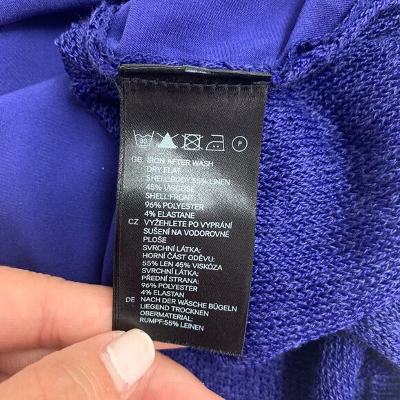 H&M Mixed Media Top Women M Deep Blue Contrast Open Knit Long Sleeve High Low - Picture 11 of 16